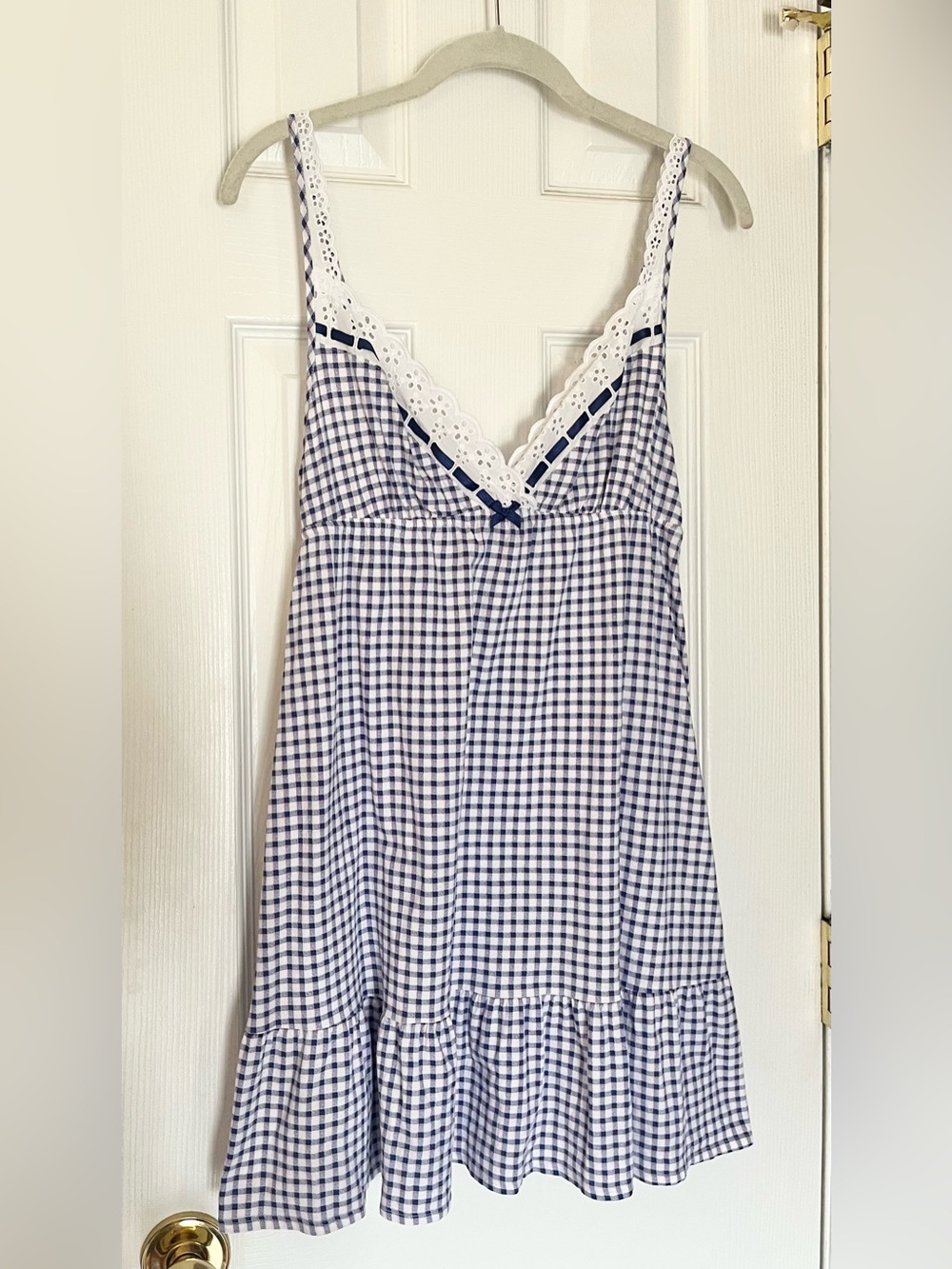 100% Cotton Victoria's Secret Navy & White Size M Gingham Lace-Trim Chemise